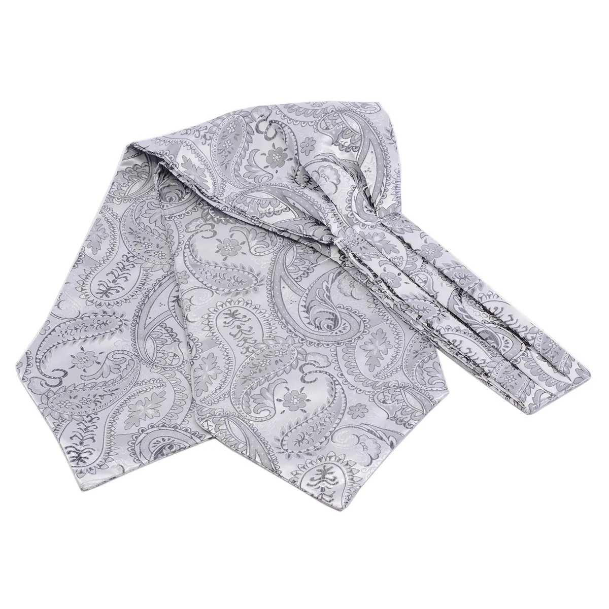 GUSLESON Men's Silver Ascot Paisley Floral Necktie & Pocket Square Set | Jacquard Woven Silk & Microfiber (126cm) - view 4