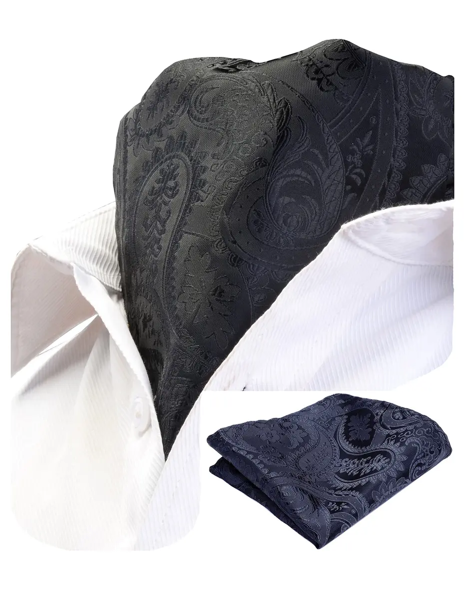 GUSLESON Men's Black Ascot Paisley Tie Floral Jacquard Woven Gift Cravat Necktie and Pocket Square Set (0603-08) | Elegant Floral Design - main product image