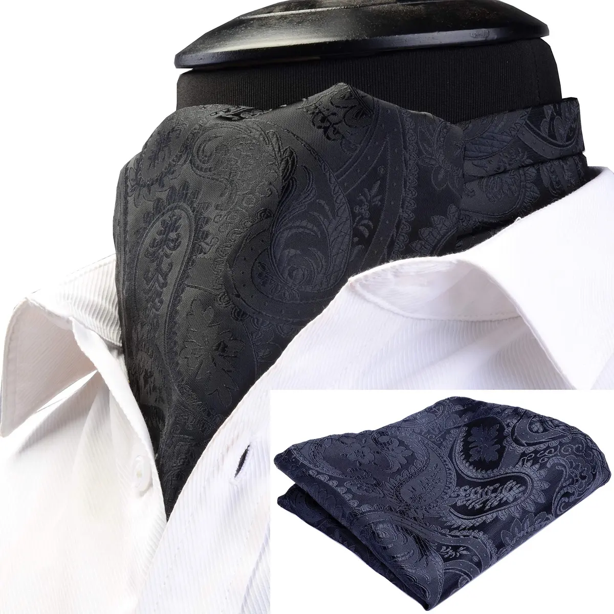 GUSLESON Men's Black Ascot Paisley Tie Floral Jacquard Woven Gift Cravat Necktie and Pocket Square Set (0603-08) | Elegant Floral Design - view 2
