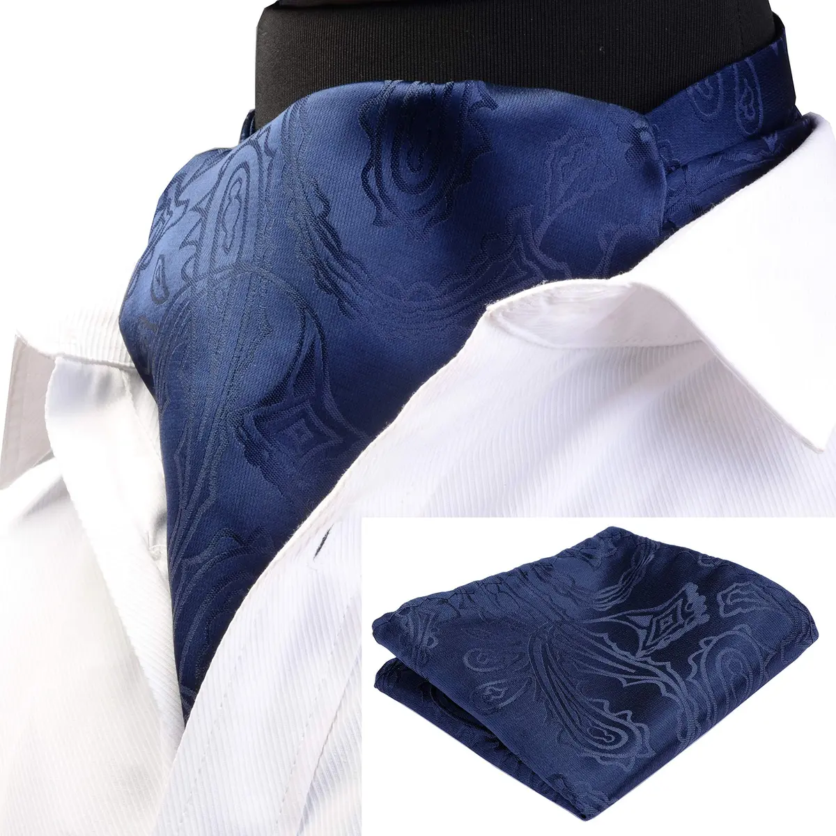 GUSLESON Navy Blue Paisley Self Tie Necktie & Handkerchief Set | Floral Luxury Ascot for Men - view 2