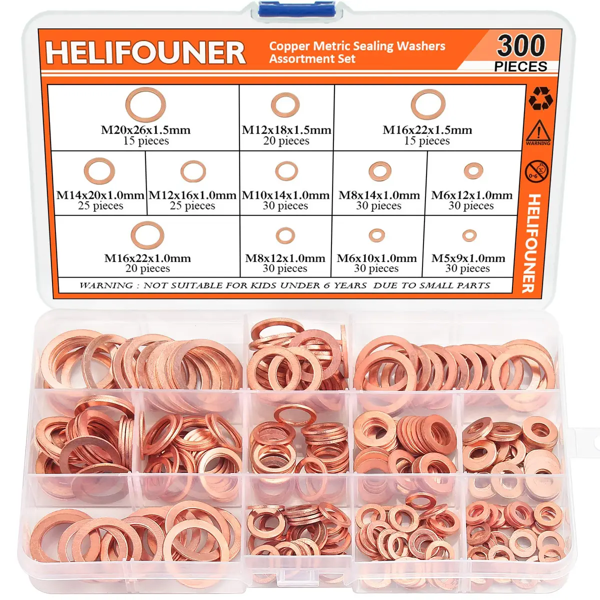 HELIFOUNER Copper Washer Assortment Set 300 Pieces M5-M20 | Corrosion Resistant Metric Sealing Washers - main product image