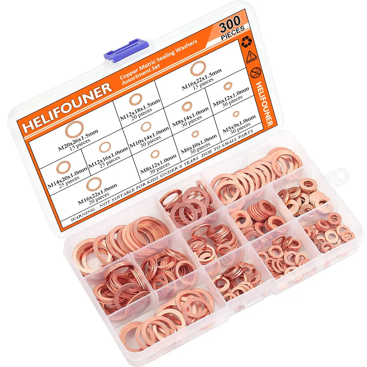HELIFOUNER Copper Washer Assortment Set 300 Pieces M5-M20 | Corrosion Resistant Metric Sealing Washers - view 7