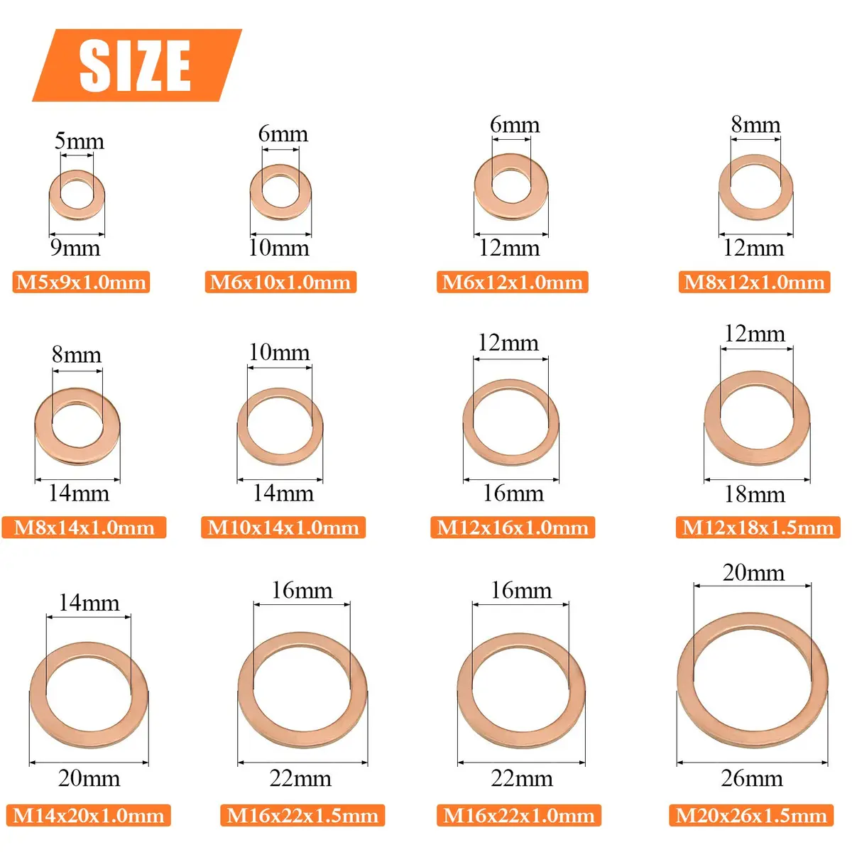 HELIFOUNER Copper Washer Assortment Set 300 Pieces M5-M20 | Corrosion Resistant Metric Sealing Washers - view 4