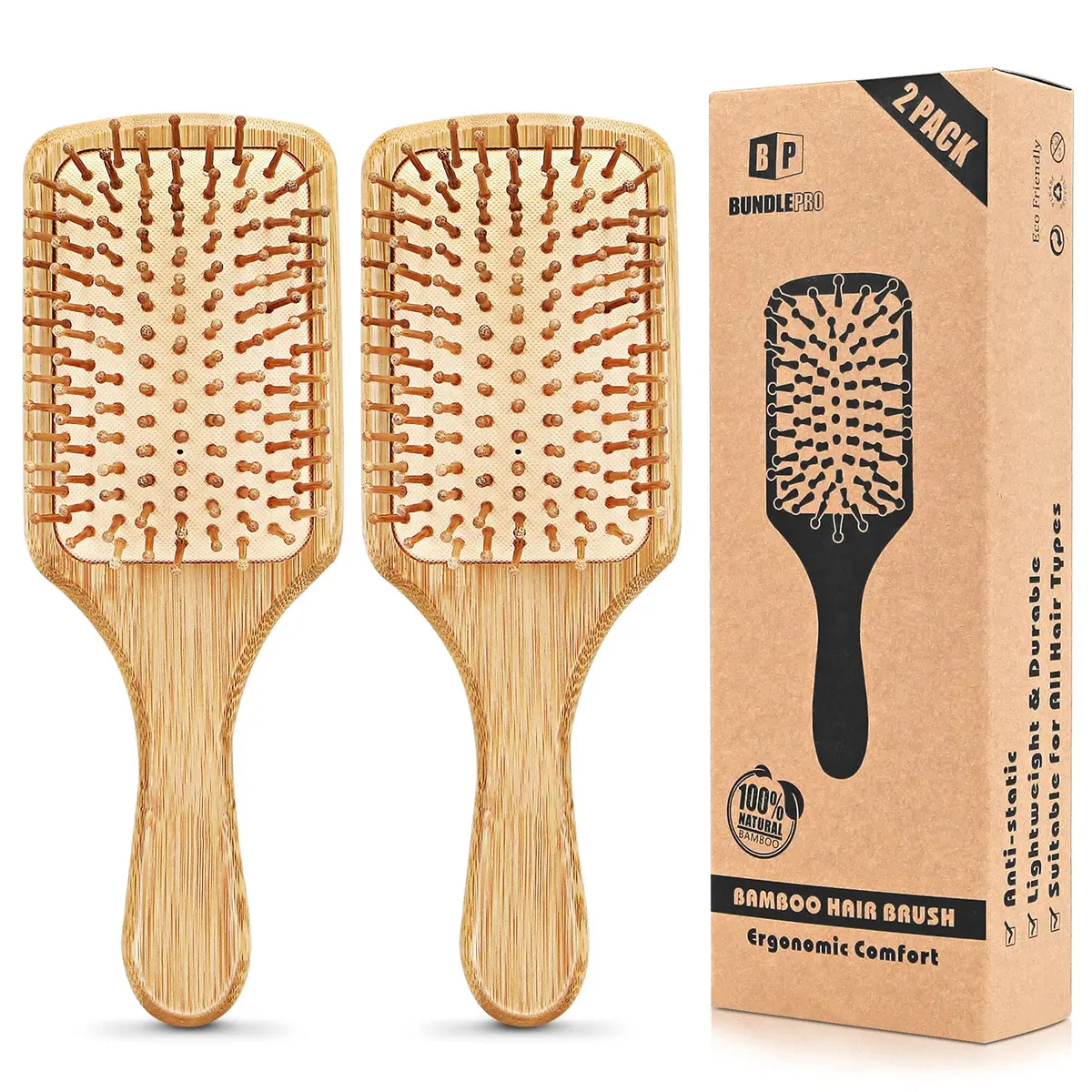 BUNDLEPRO Hair Brush with Natural Bristles | Detangling Paddle for All Hair Types, 2 Pack - main product image