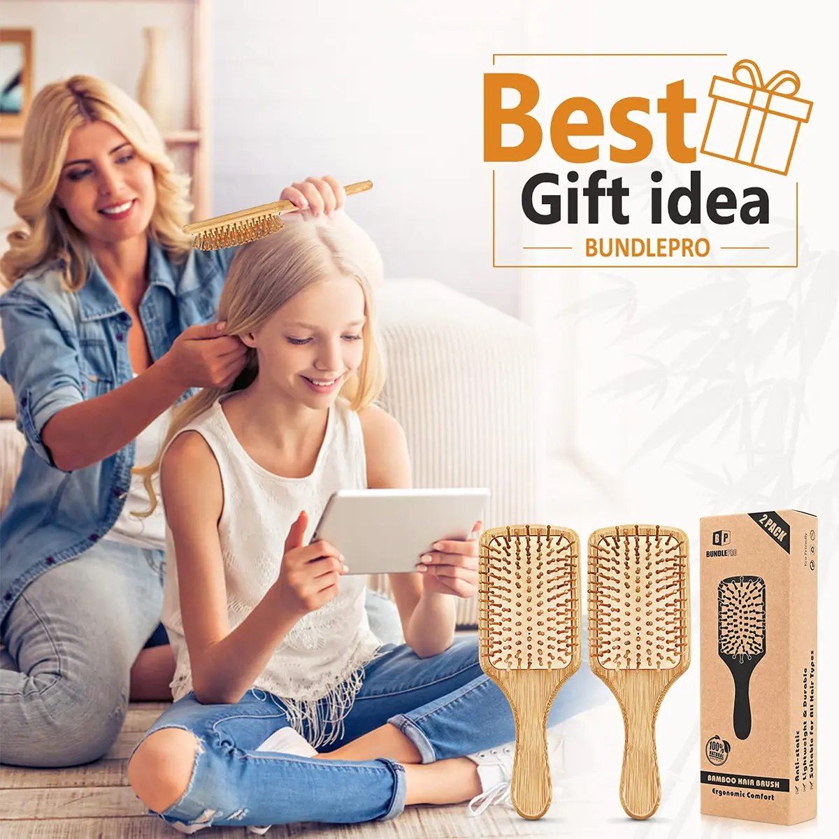 BUNDLEPRO Hair Brush with Natural Bristles | Detangling Paddle for All Hair Types, 2 Pack - view 6