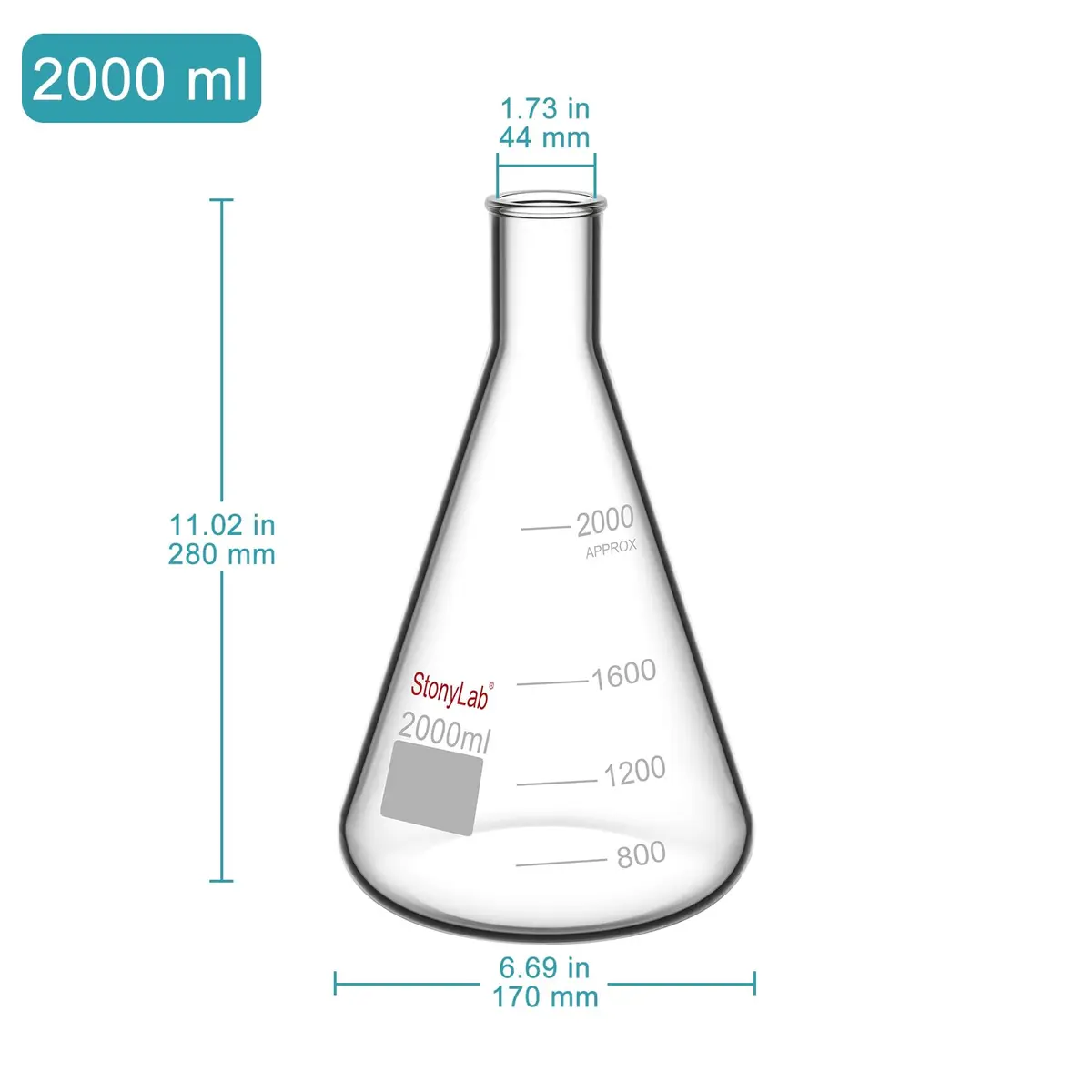 stonylab 2000 ml Narrow Mouth Erlenmeyer Glass Flask | Heavy Duty Rim, 2 L, Borosilicate - view 2