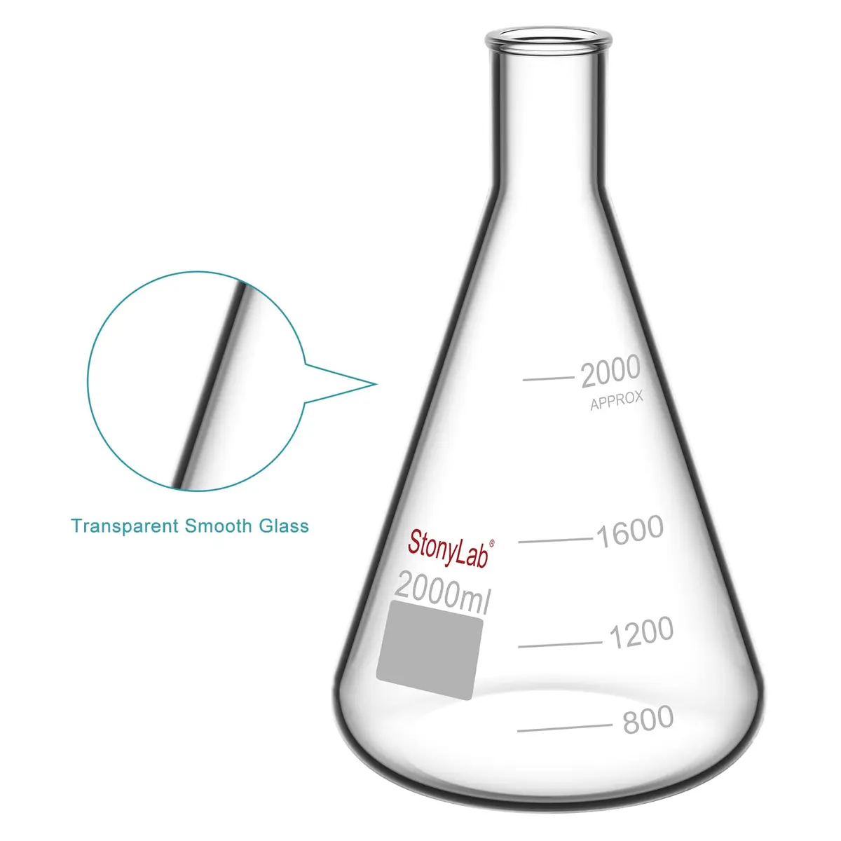 stonylab 2000 ml Narrow Mouth Erlenmeyer Glass Flask | Heavy Duty Rim, 2 L, Borosilicate - view 4