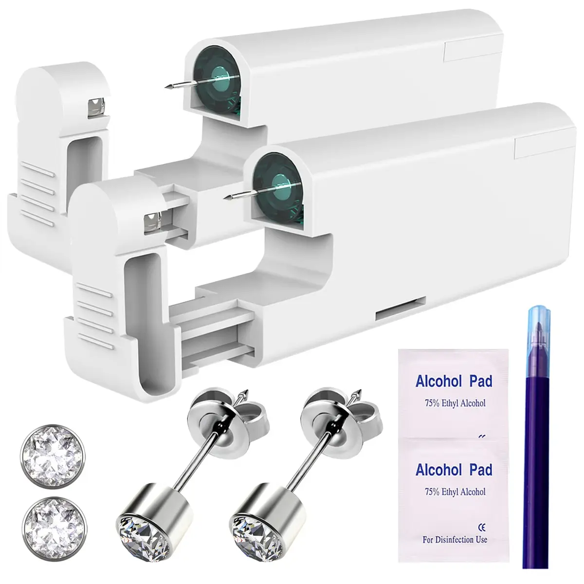 KAIQIKAIXI 2Pcs Ear Piercing Kit Hypoallergenic & Disposable | Painless Household Ear Nail Gun with 4mm Silver Studs - main product image