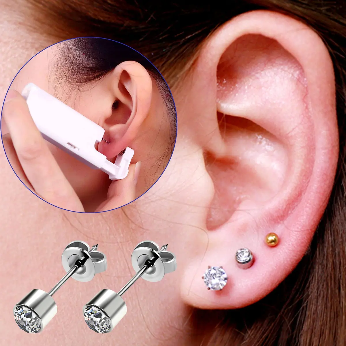 KAIQIKAIXI 2Pcs Ear Piercing Kit Hypoallergenic & Disposable | Painless Household Ear Nail Gun with 4mm Silver Studs - view 5