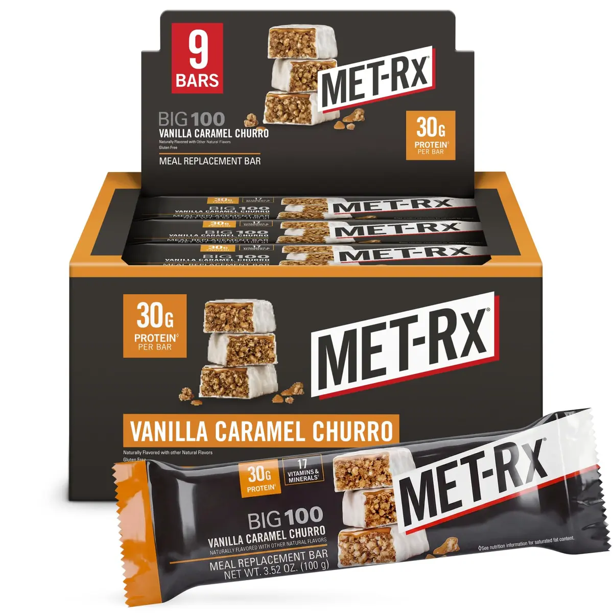 MET-Rx Big 100 Protein Bars, Vanilla Caramel Churro, 30g Protein, 9 Ct | High-Quality Muscle Support & On-the-Go Nutrition - main product image