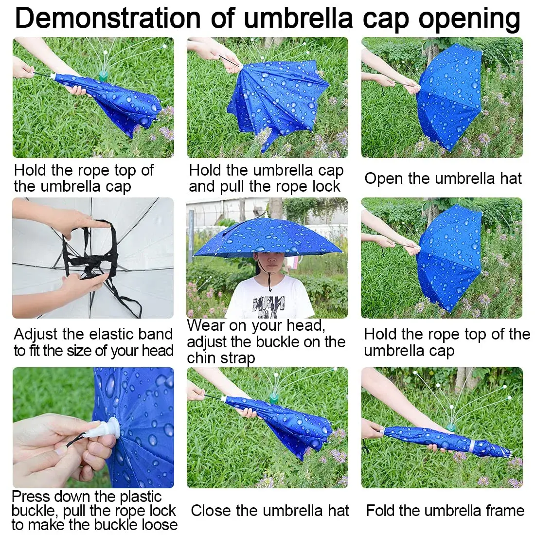 NEW-Vi Blue Umbrella Hat with Adjustable Headband | Hands-Free Sun & Rain Protection - view 6