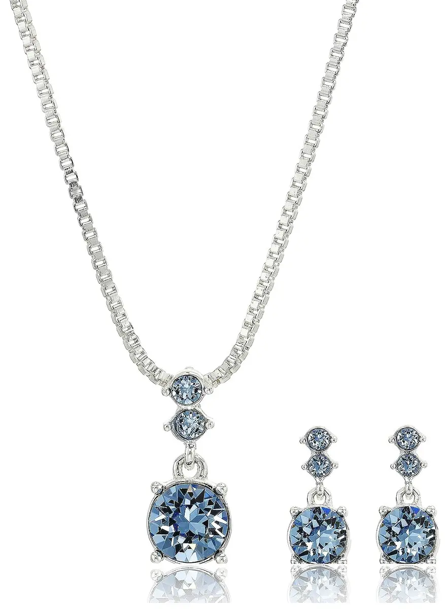 Nine West Women's Necklace and Earring Set — Silver Tone Jewelry with Blue & Crystal Accents, 17-inch Adjustable Chain - main product image
