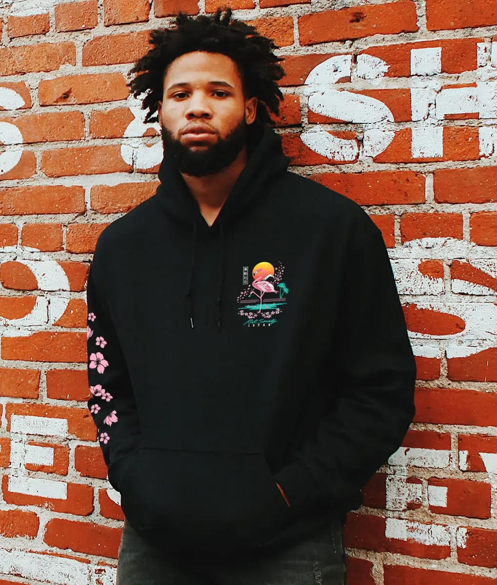 Riot Society Flamingo Blossom Mens Hoodie Hooded Sweatshirt - Black, Medium | Japanese Flamingo & Cherry Blossom Design - view 2