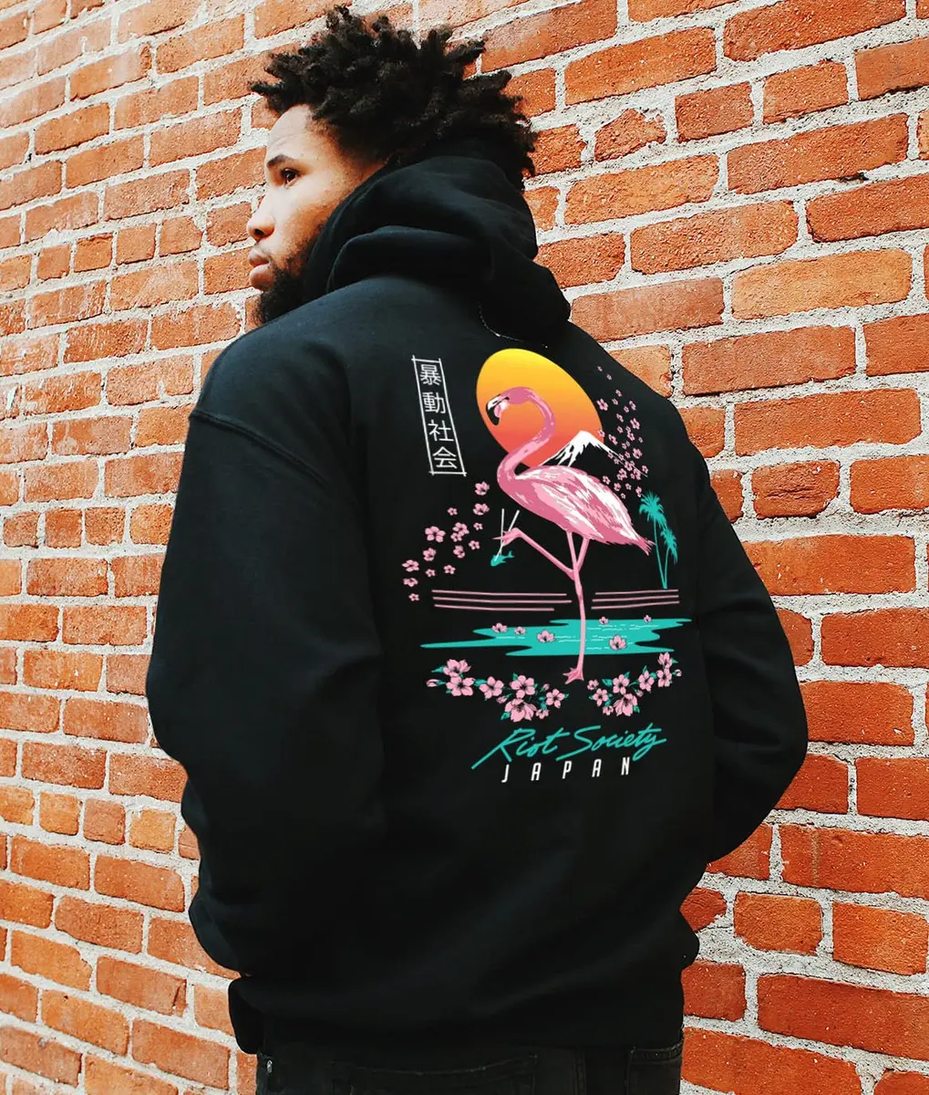 Riot Society Flamingo Blossom Mens Hoodie Hooded Sweatshirt - Black, Medium | Japanese Flamingo & Cherry Blossom Design - view 3