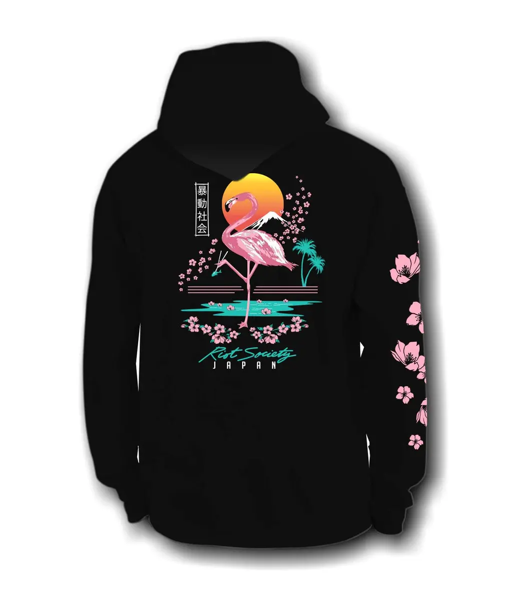 Riot Society Flamingo Blossom Mens Hoodie Hooded Sweatshirt - Black, XX-Large | Japanese Flamingo & Cherry Blossom Design - main product image