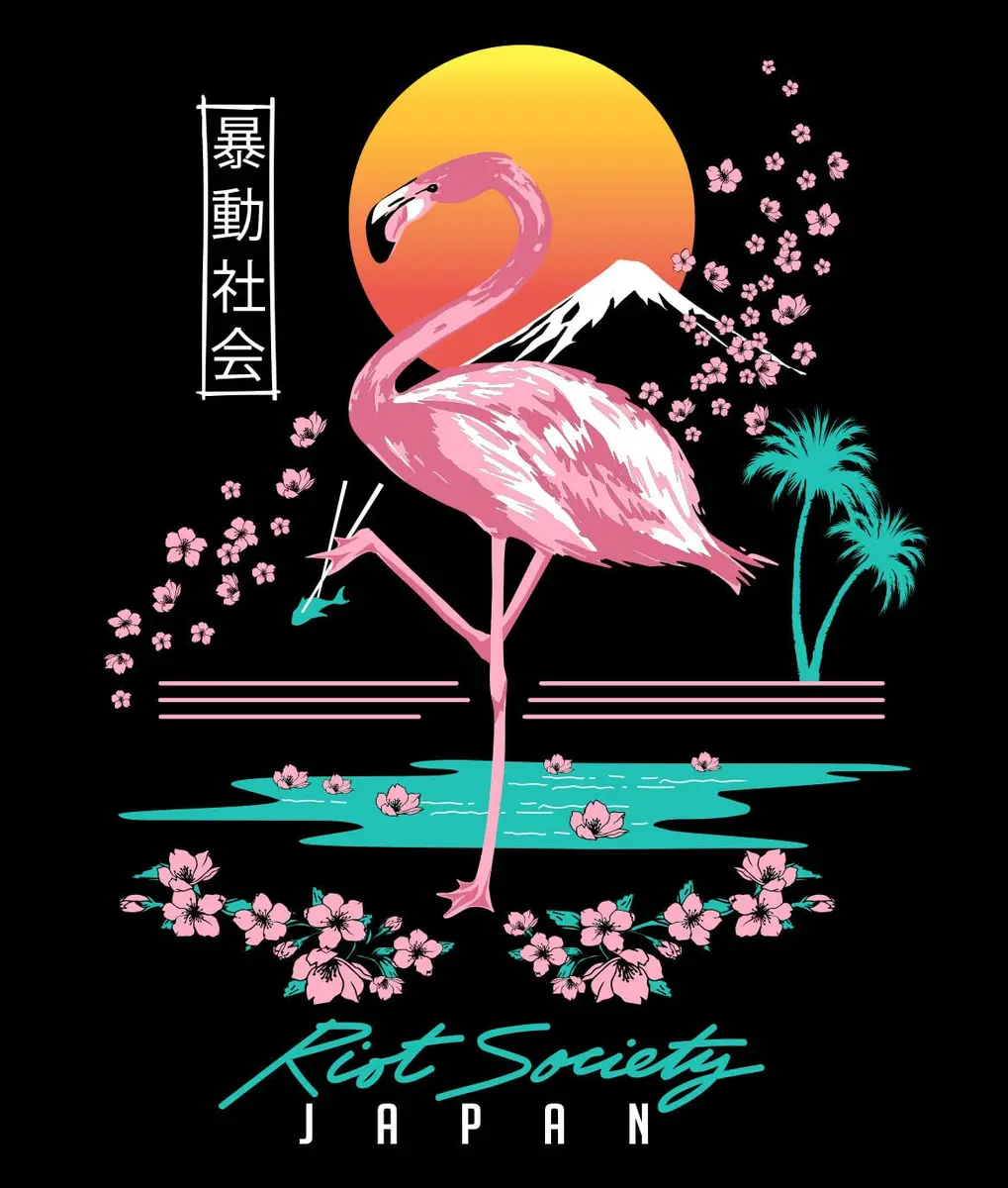 Riot Society Flamingo Blossom Mens Hoodie Hooded Sweatshirt - Black, XX-Large | Japanese Flamingo & Cherry Blossom Design - view 5