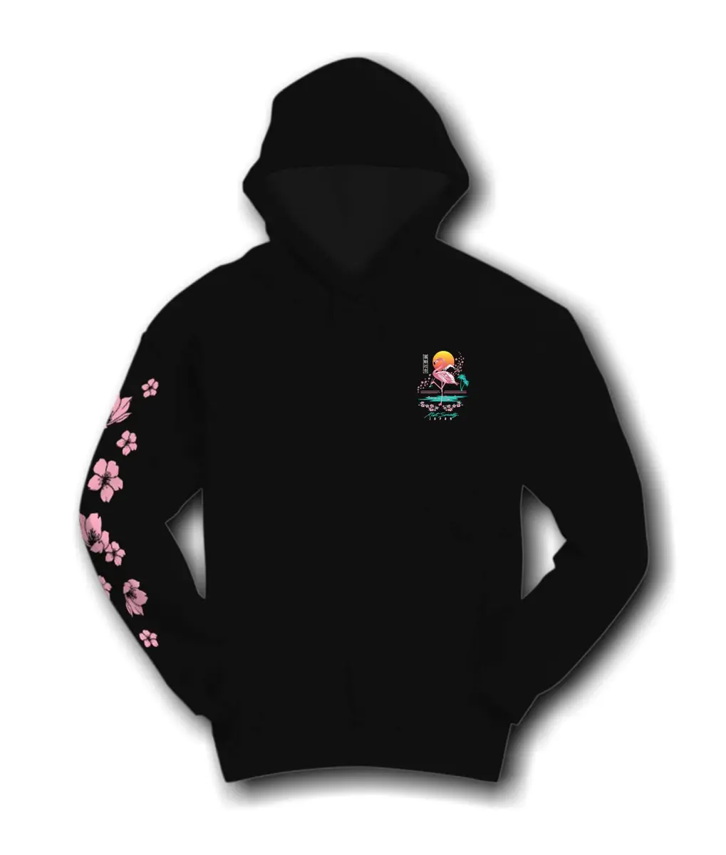 Riot Society Flamingo Blossom Mens Hoodie Hooded Sweatshirt - Black, XX-Large | Japanese Flamingo & Cherry Blossom Design - view 4