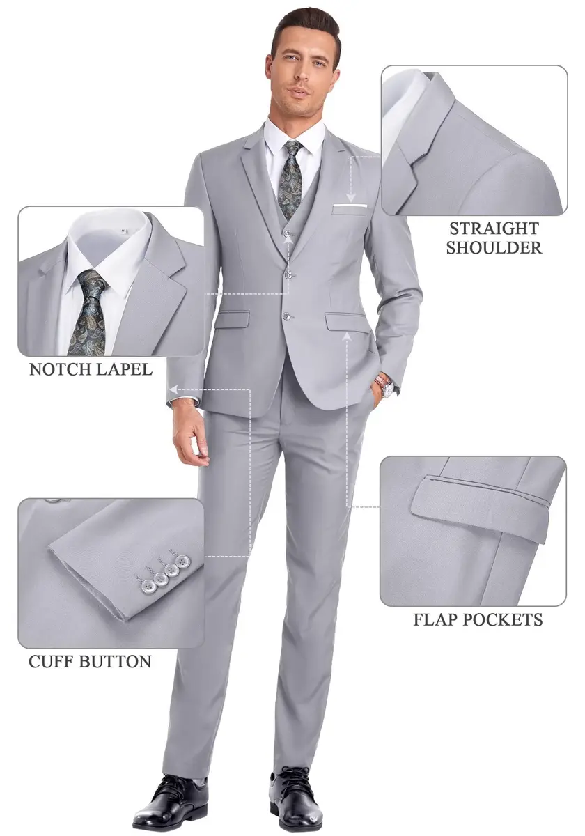 Mrbuerly Mens Suits 3 Pieces Slim Fit Wedding Suit for Men Tux Grey XS/3630 | Modern Slim Fit Formal Suit - view 5