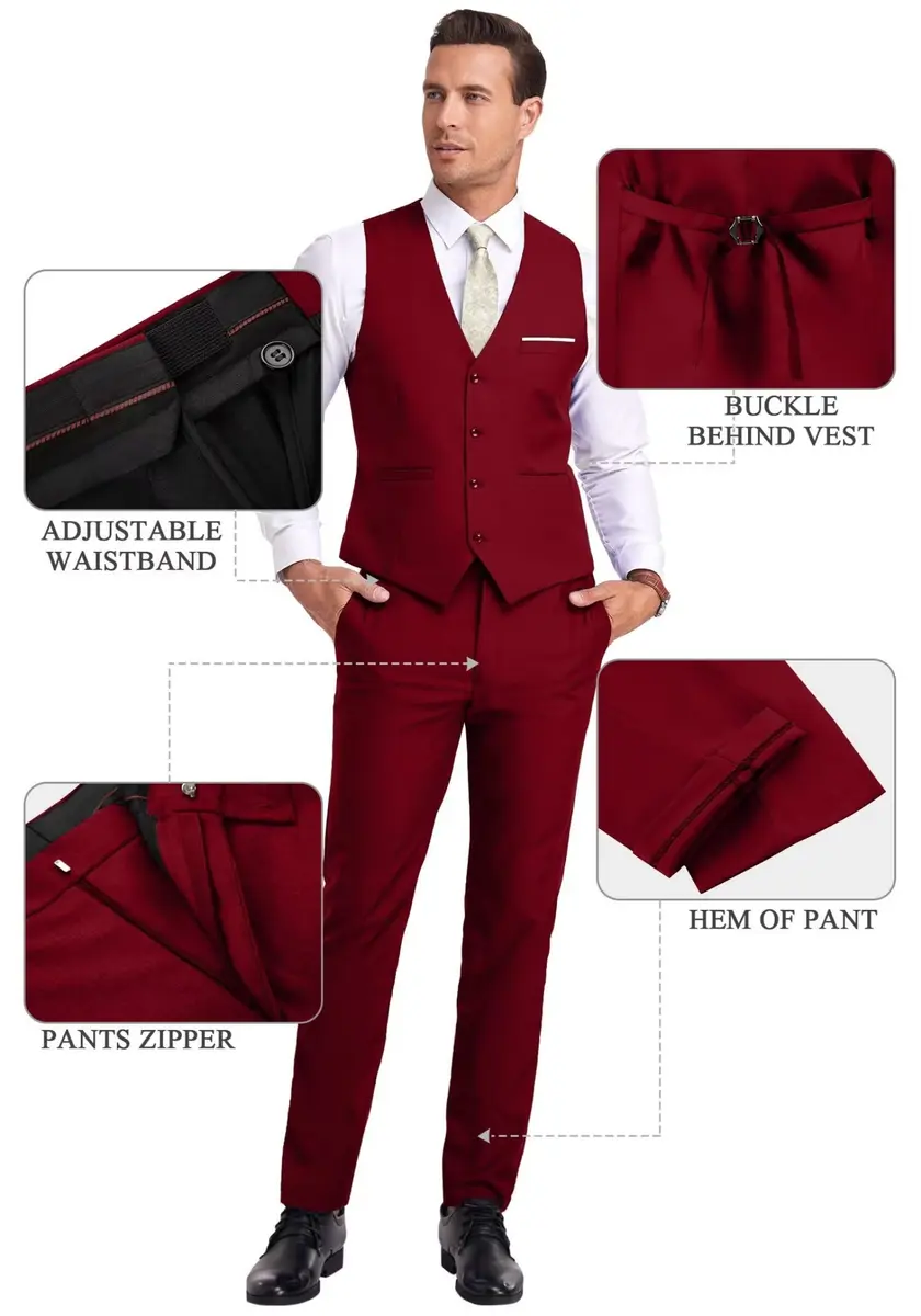 MrBuerly Suits for Men 3 Pieces Slim Fit Wedding Formal Tuxedo Red 2XL/4640 | Modern Slim Fit Suit for Weddings & Parties - view 6