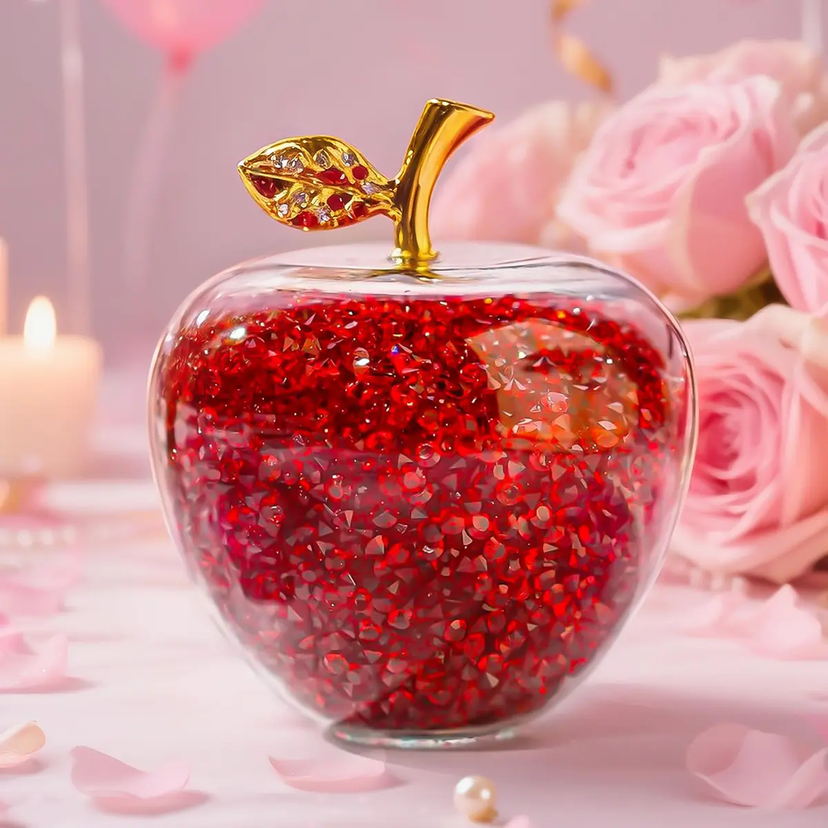 H&D HYALINE & DORA Red Crystal Apple Paperweight with Rhinestones 7.8cm (3.1in) | Handmade Glass Figurine - main product image