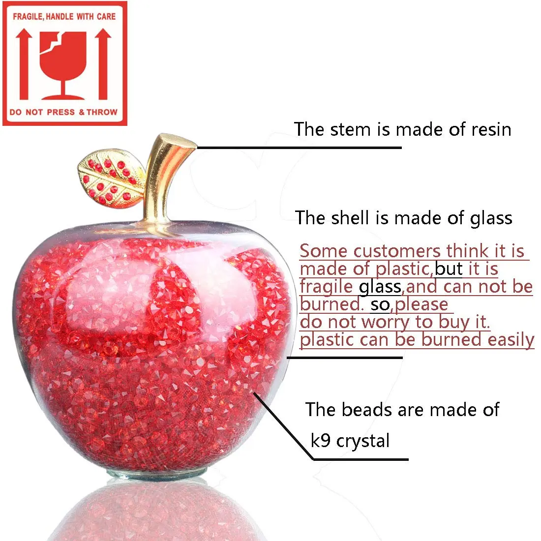 H&D HYALINE & DORA Red Crystal Apple Paperweight with Rhinestones 7.8cm (3.1in) | Handmade Glass Figurine - view 6