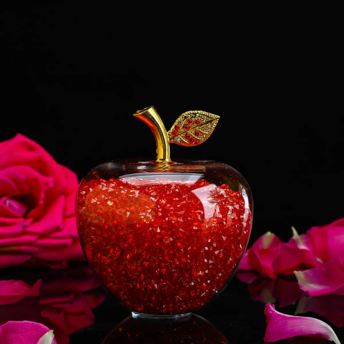 H&D HYALINE & DORA Red Crystal Apple Paperweight with Rhinestones 7.8cm (3.1in) | Handmade Glass Figurine - view 8
