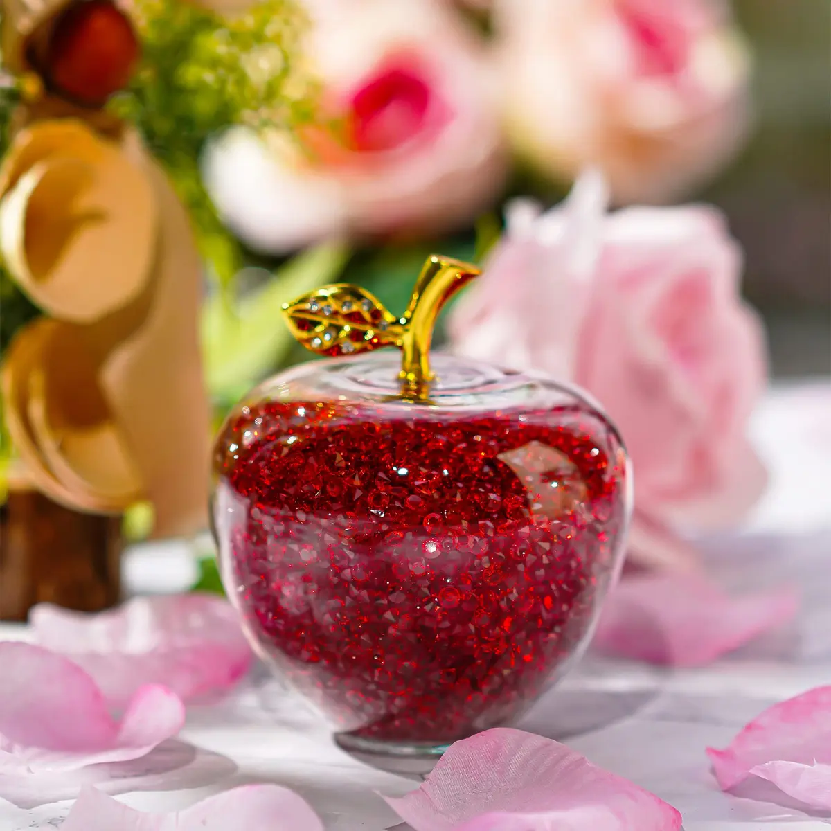 H&D HYALINE & DORA Red Crystal Apple Paperweight with Rhinestones 7.8cm (3.1in) | Handmade Glass Figurine - view 2