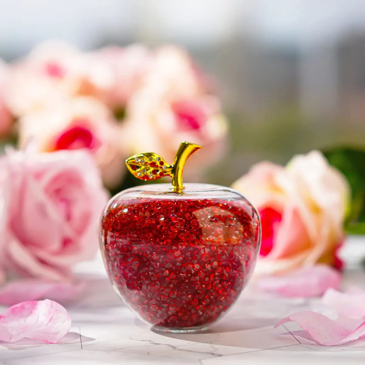 H&D HYALINE & DORA Red Crystal Apple Paperweight with Rhinestones 7.8cm (3.1in) | Handmade Glass Figurine - view 3