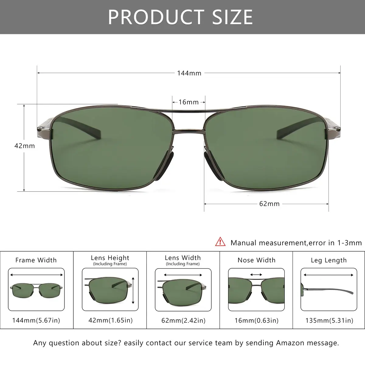 SUNGAIT Ultra Lightweight Rectangular Polarized Sunglasses Men UV400 Protection (Gunmetal Frame Green Lens, 62) Metal Frame - view 5