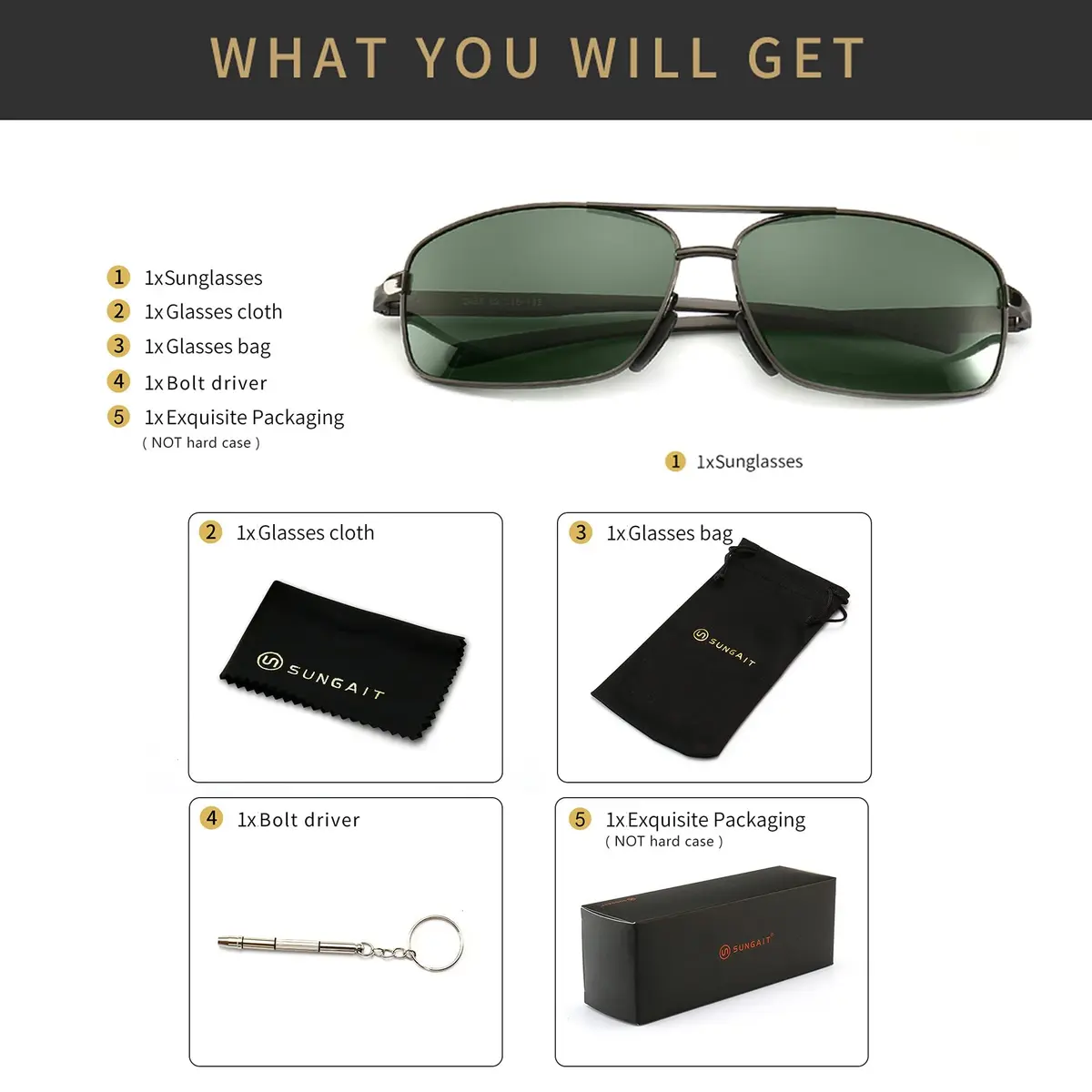 SUNGAIT Ultra Lightweight Rectangular Polarized Sunglasses Men UV400 Protection (Gunmetal Frame Green Lens, 62) Metal Frame - view 6