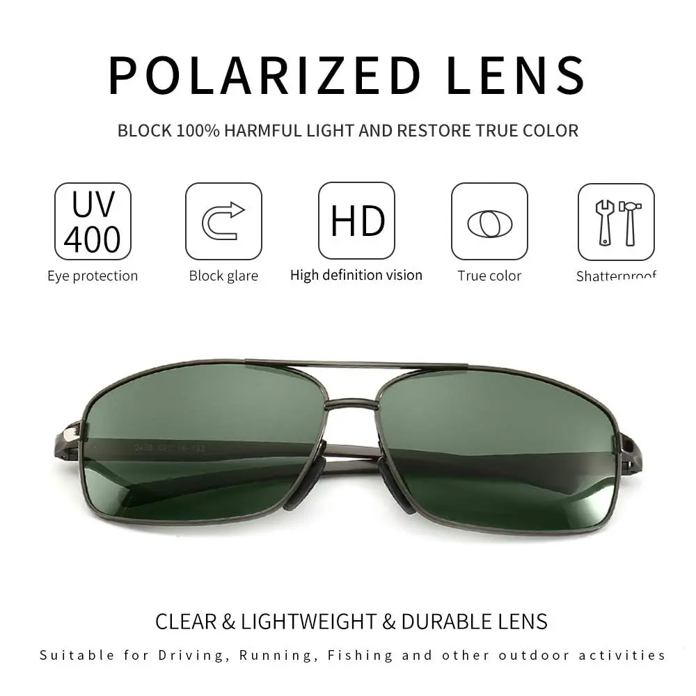 SUNGAIT Ultra Lightweight Rectangular Polarized Sunglasses Men UV400 Protection (Gunmetal Frame Green Lens, 62) Metal Frame - view 2