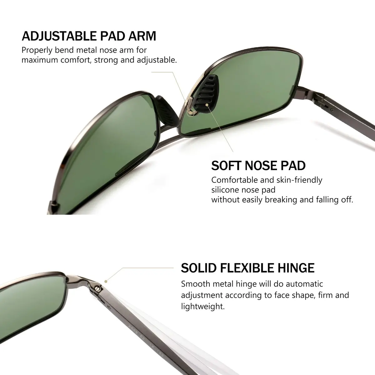 SUNGAIT Ultra Lightweight Rectangular Polarized Sunglasses Men UV400 Protection (Gunmetal Frame Green Lens, 62) Metal Frame - view 4
