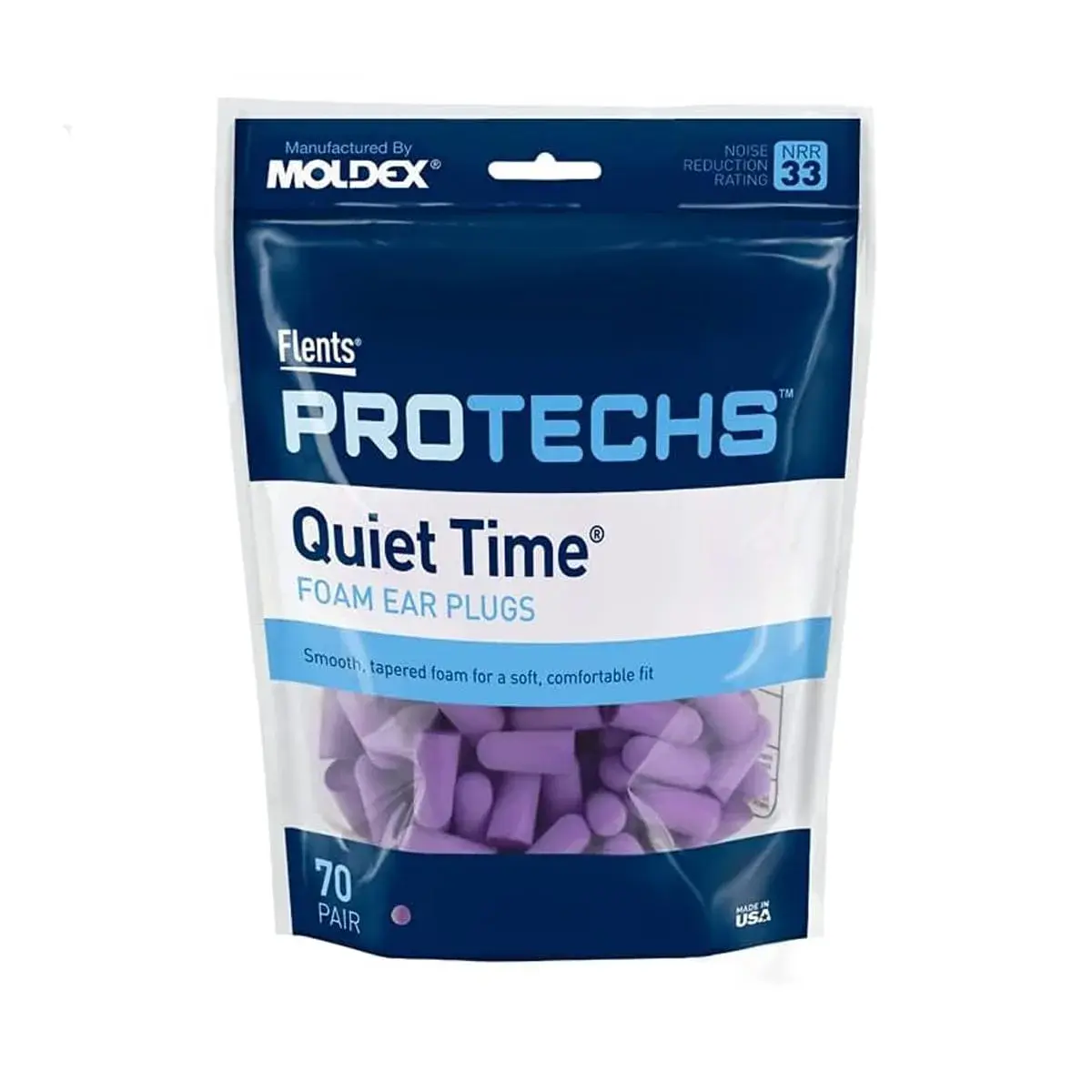 Flents Quiet Time Foam Ear Plugs NRR 33, 70 Pair Purple | High Noise Reduction for Sleep & Travel - main product image
