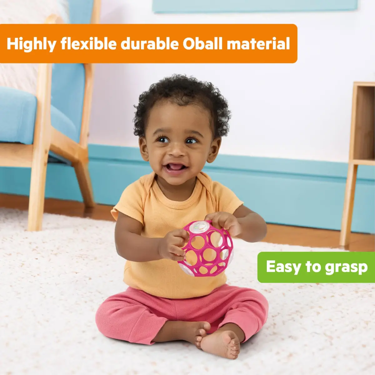 Bright Starts Oball Rattle Ball, Pink, 10cm (4 Inches) | BPA-Free Baby Toy for Fine Motor Skills - view 4