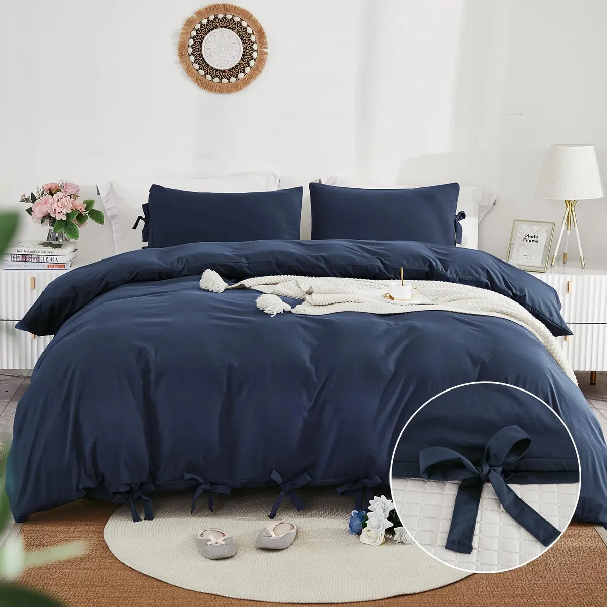 annadaif Grayish Navy Duvet Cover Queen Size | Bowknot & Microfiber Comfort - main product image