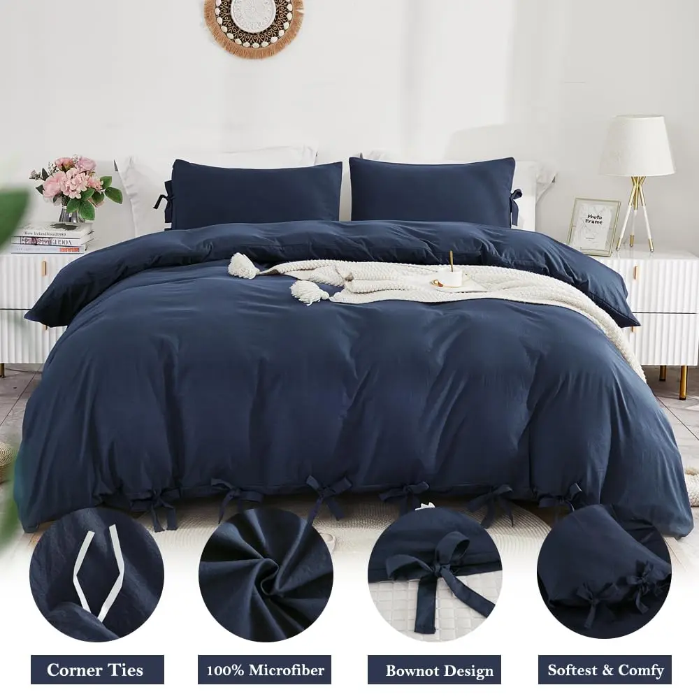 annadaif Grayish Navy Duvet Cover Queen Size | Bowknot & Microfiber Comfort - view 2