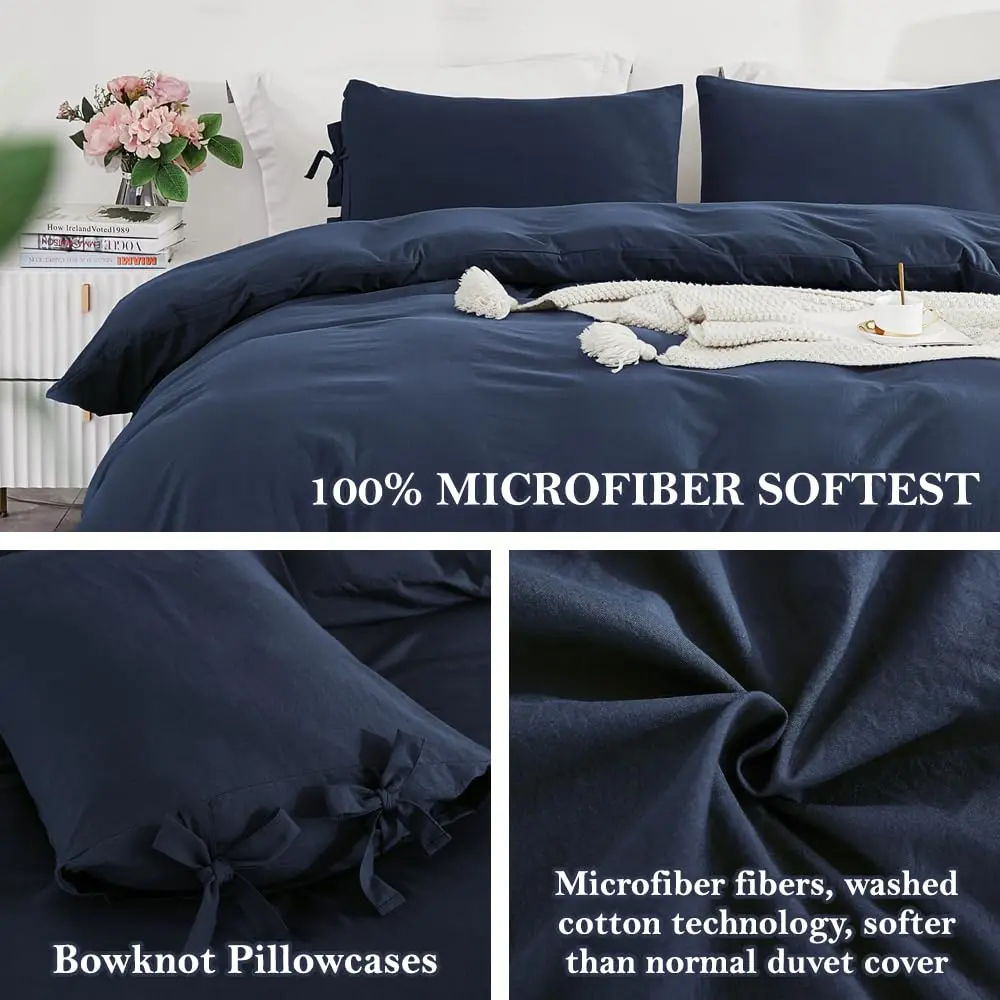 annadaif Grayish Navy Duvet Cover Queen Size | Bowknot & Microfiber Comfort - view 4