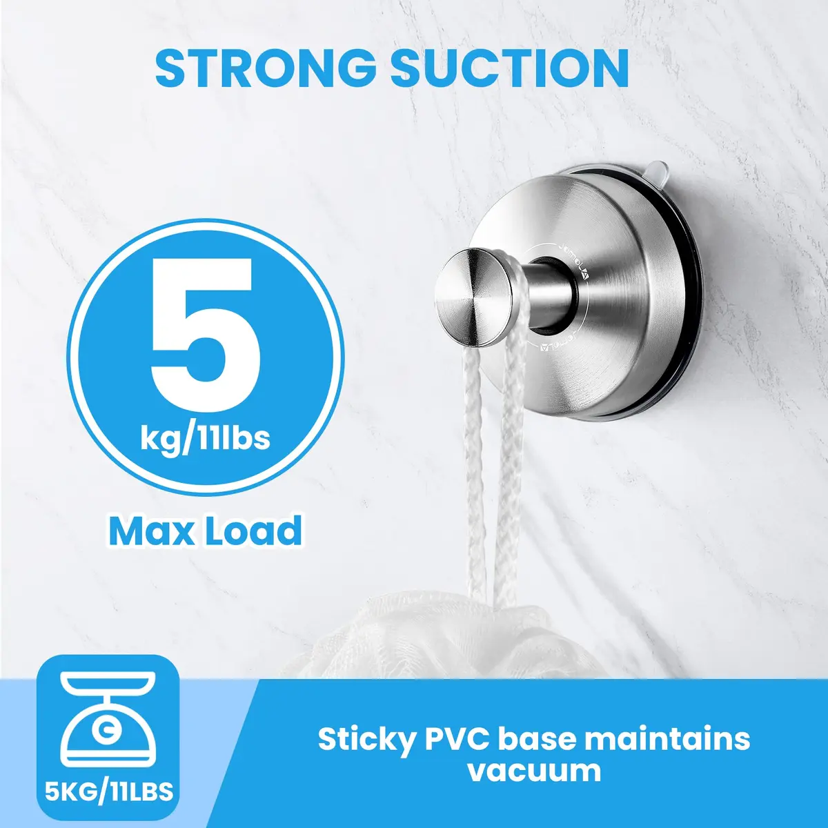 JOMOLA Suction Cup Hooks Suction Shower Hook Bathroom Towel Hanger for Shower Storage Kitchen Utensil Stainless Steel, Brushed Finish, 2PCS | 11lb Max Load - view 5