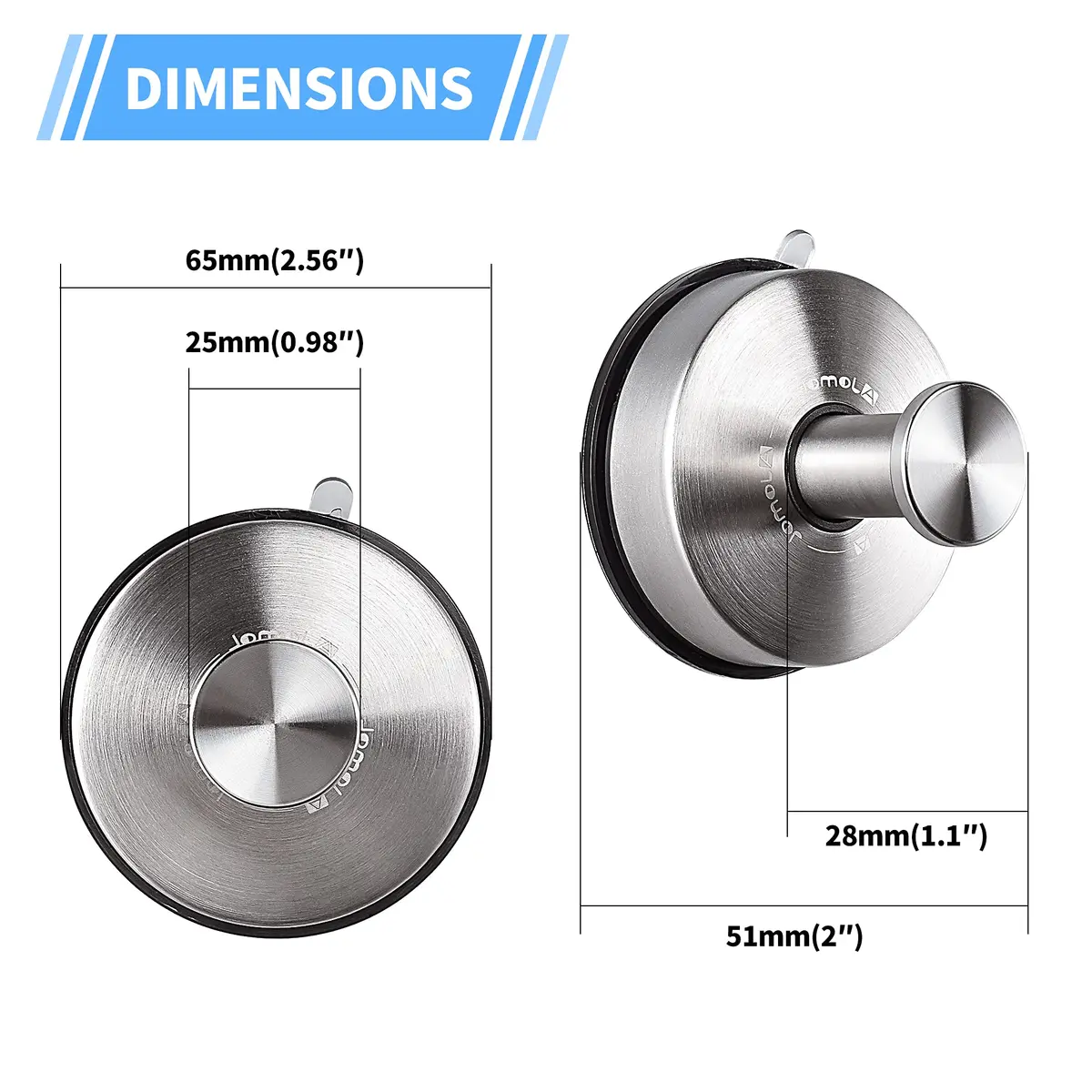 JOMOLA Suction Cup Hooks Suction Shower Hook Bathroom Towel Hanger for Shower Storage Kitchen Utensil Stainless Steel, Brushed Finish, 2PCS | 11lb Max Load - view 7
