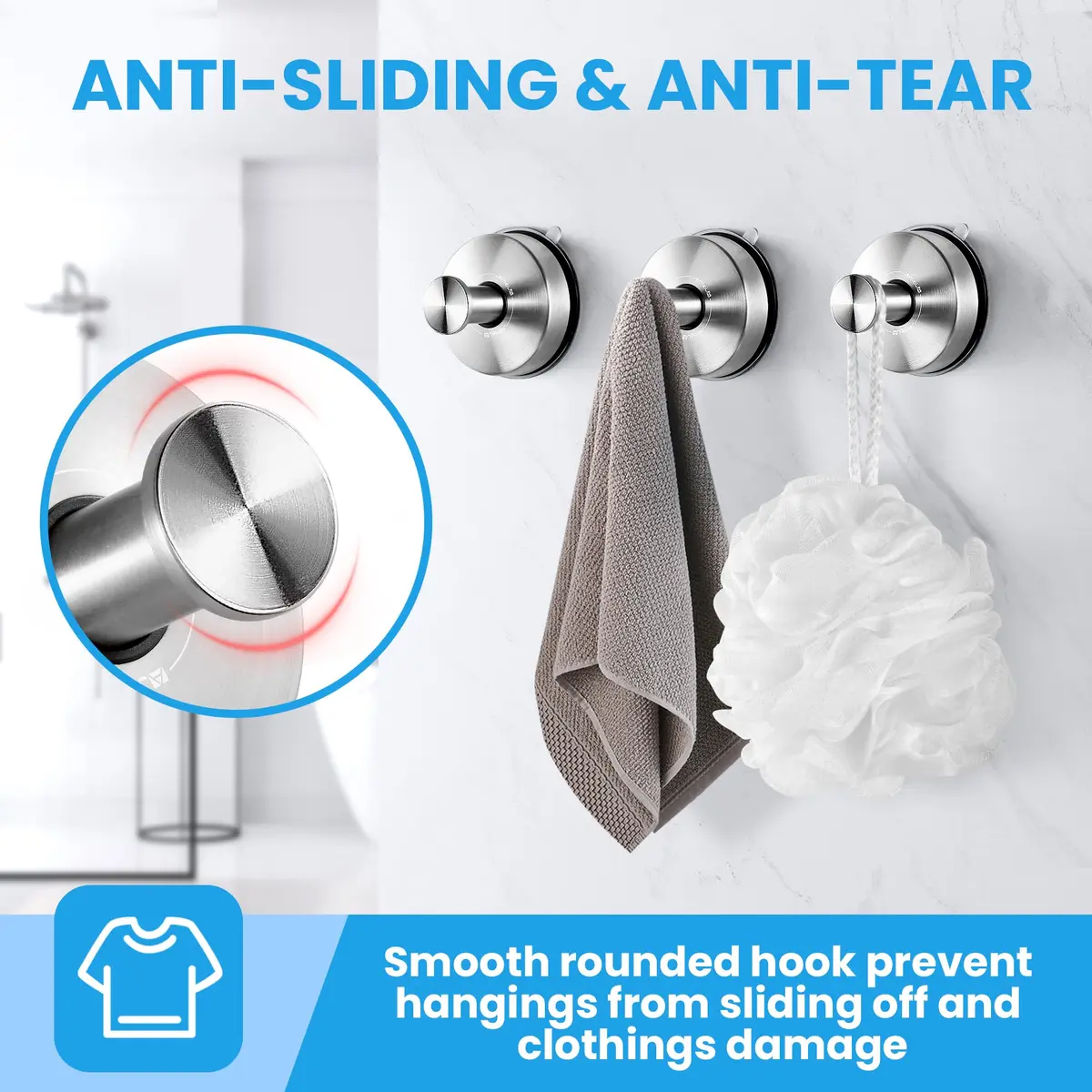 JOMOLA Suction Cup Hooks Suction Shower Hook Bathroom Towel Hanger for Shower Storage Kitchen Utensil Stainless Steel, Brushed Finish, 2PCS | 11lb Max Load - view 4