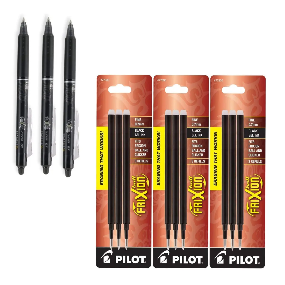 Pilot Gel Ink Refills for FriXion Erasable Gel Ink Pen, Fine Point, Black Ink Bundle: 3 Packs 9 Refills + 3 Pens | Erasable Gel Ink - main product image