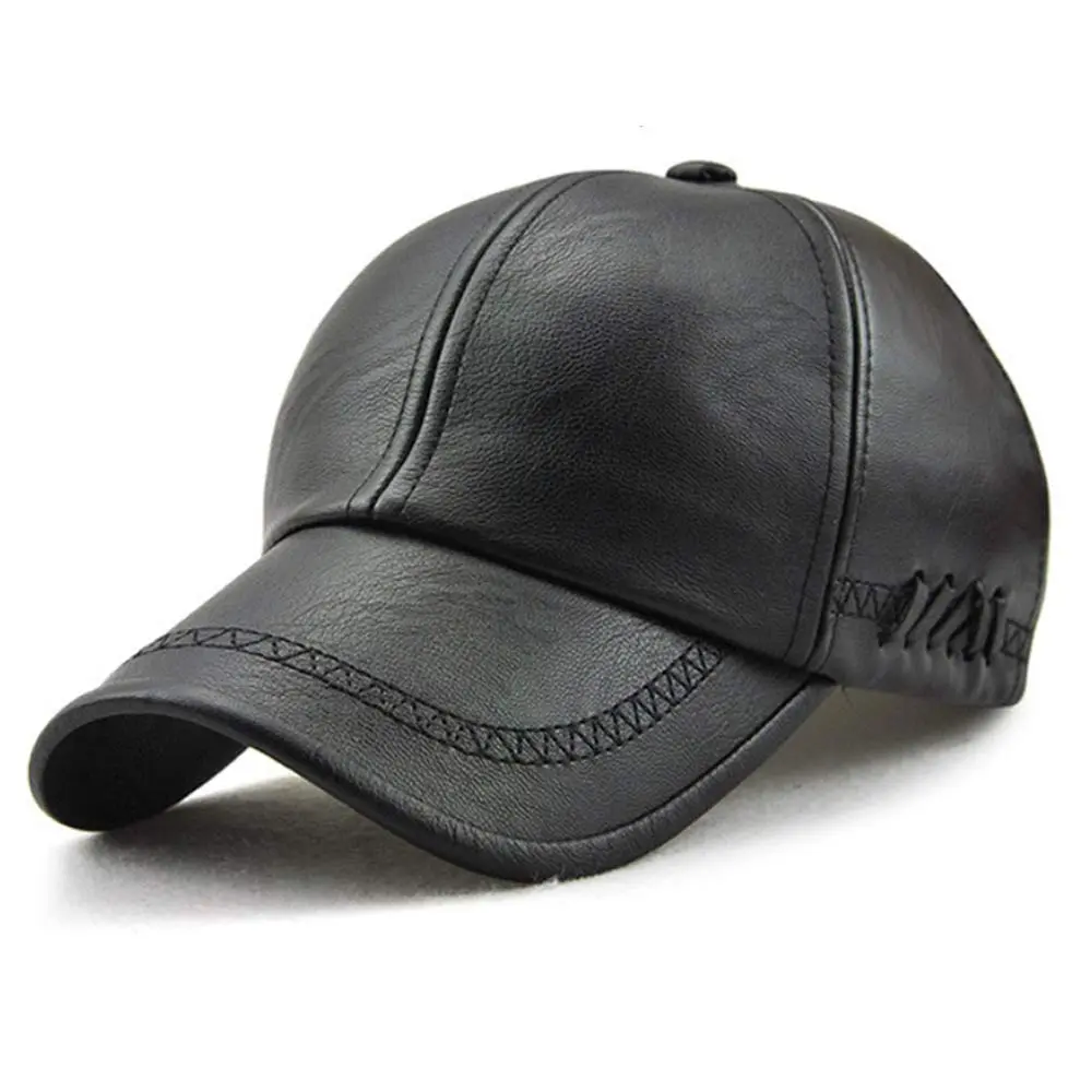Dewsshine Unisex Leather Baseball Cap Black | Classic PU Winter Hat for Men & Elderly (22.1-23.6in) - main product image