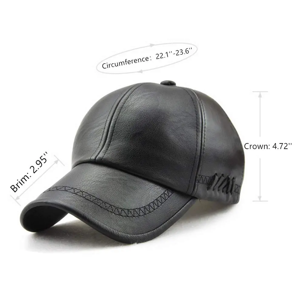 Dewsshine Unisex Leather Baseball Cap Black | Classic PU Winter Hat for Men & Elderly (22.1-23.6in) - view 2