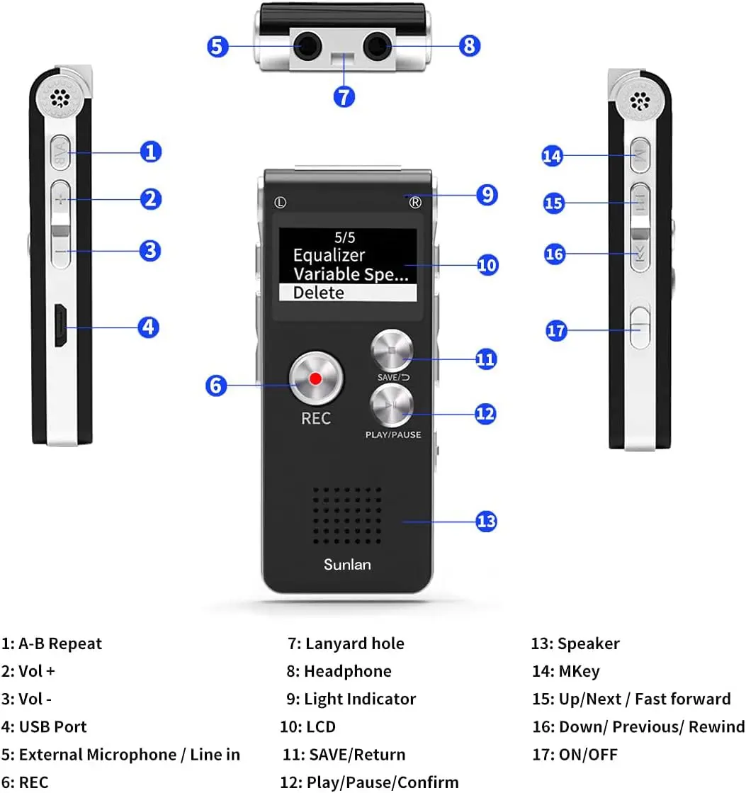 Sunlan Digital Voice Recorder 16GB | Clear Audio & Long Battery (70-120c) - view 6