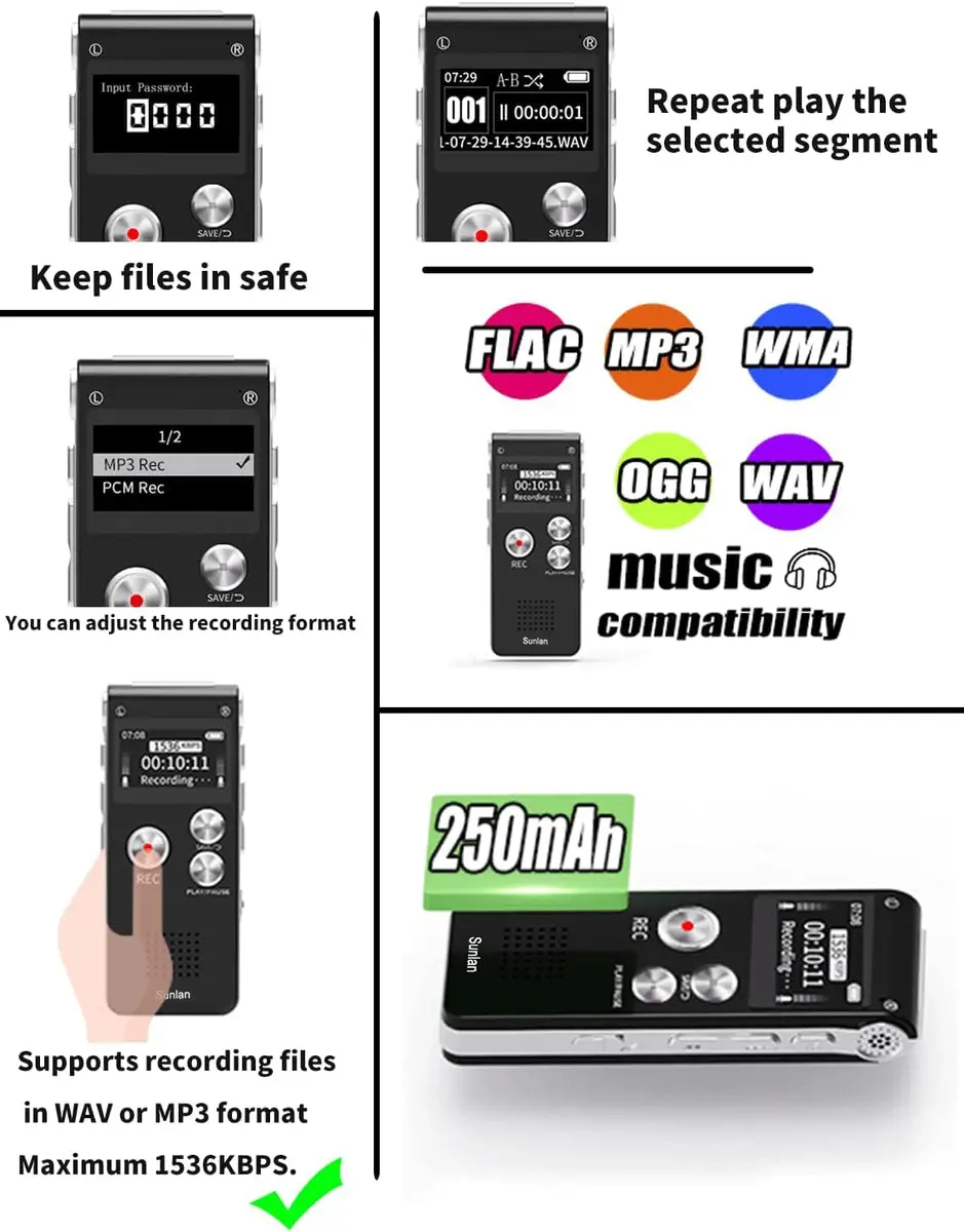 Sunlan Digital Voice Recorder 16GB | Clear Audio & Long Battery (70-120c) - view 2