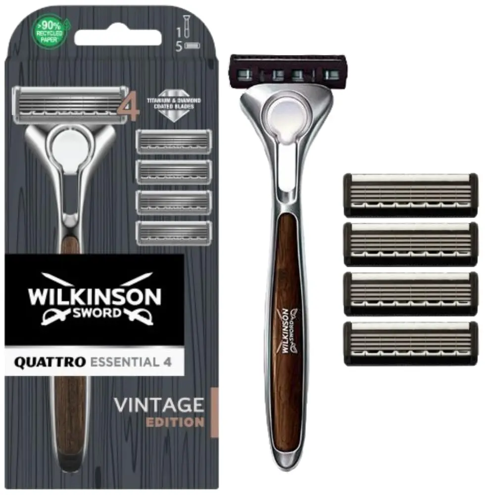 Wilkinson Sword Quattro Vintage Edition Men's Razor with 5 Blades | Titanium Coated Blades for Close, Comfortable Shave - main product image