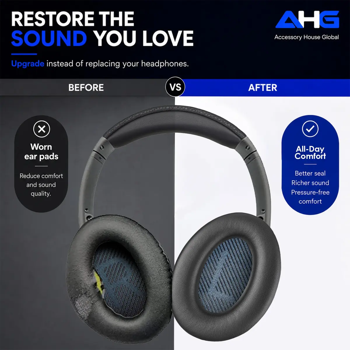 AHG AE2 ae 2 Ear Pads Compatible with Bose SoundLink ae2 Headphones - Black | Premium Protein Leather & High-Density Foam - view 5