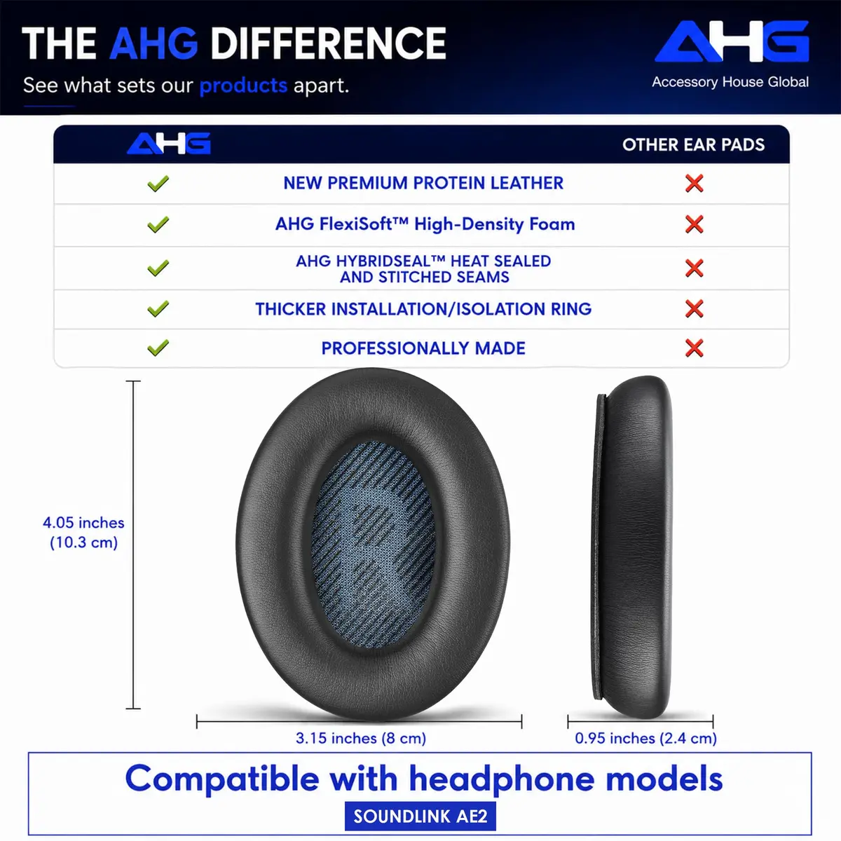 AHG AE2 ae 2 Ear Pads Compatible with Bose SoundLink ae2 Headphones - Black | Premium Protein Leather & High-Density Foam - view 7