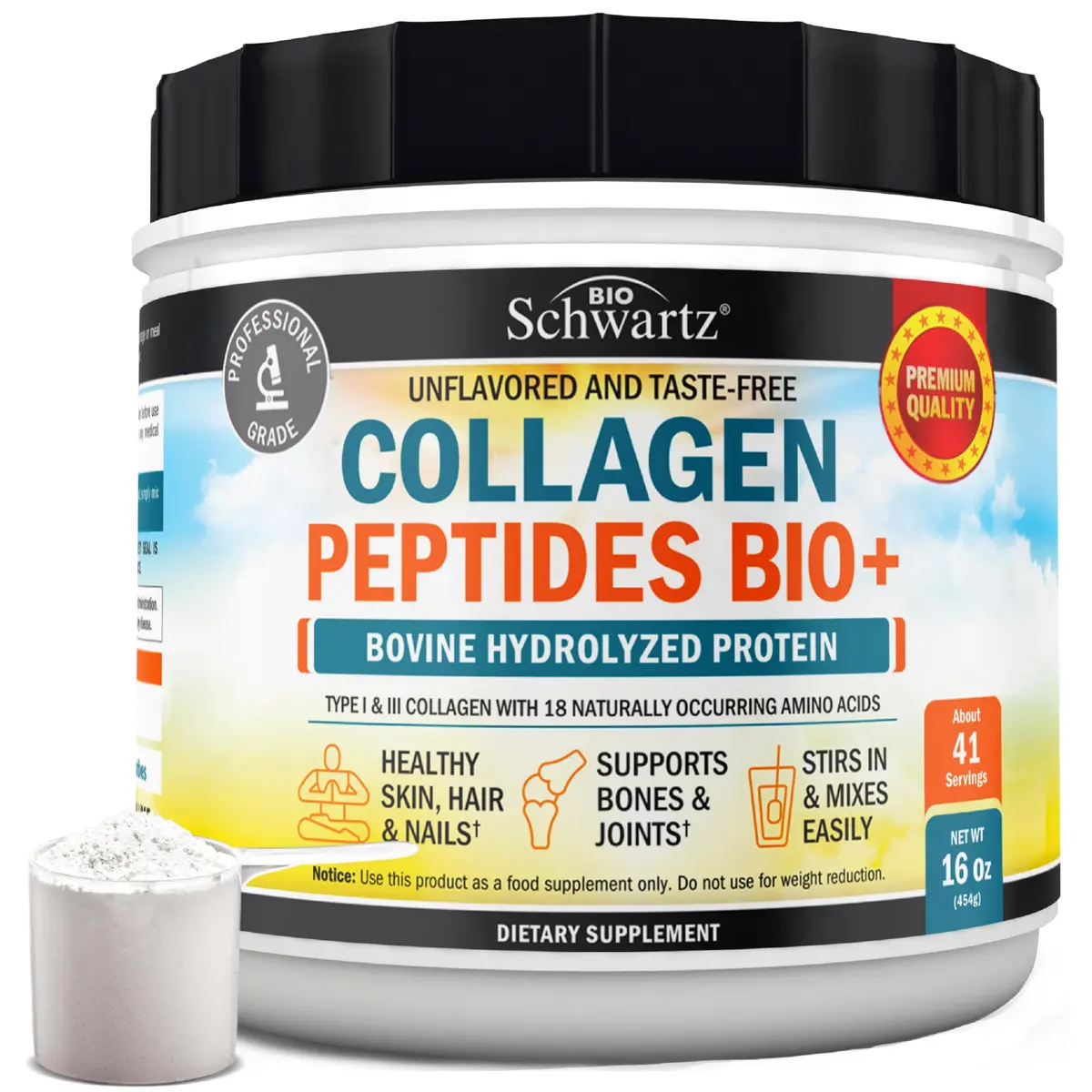 BioSchwartz Collagen Peptides Powder 16oz | Unflavored Collagen for Skin & Joints - main product image