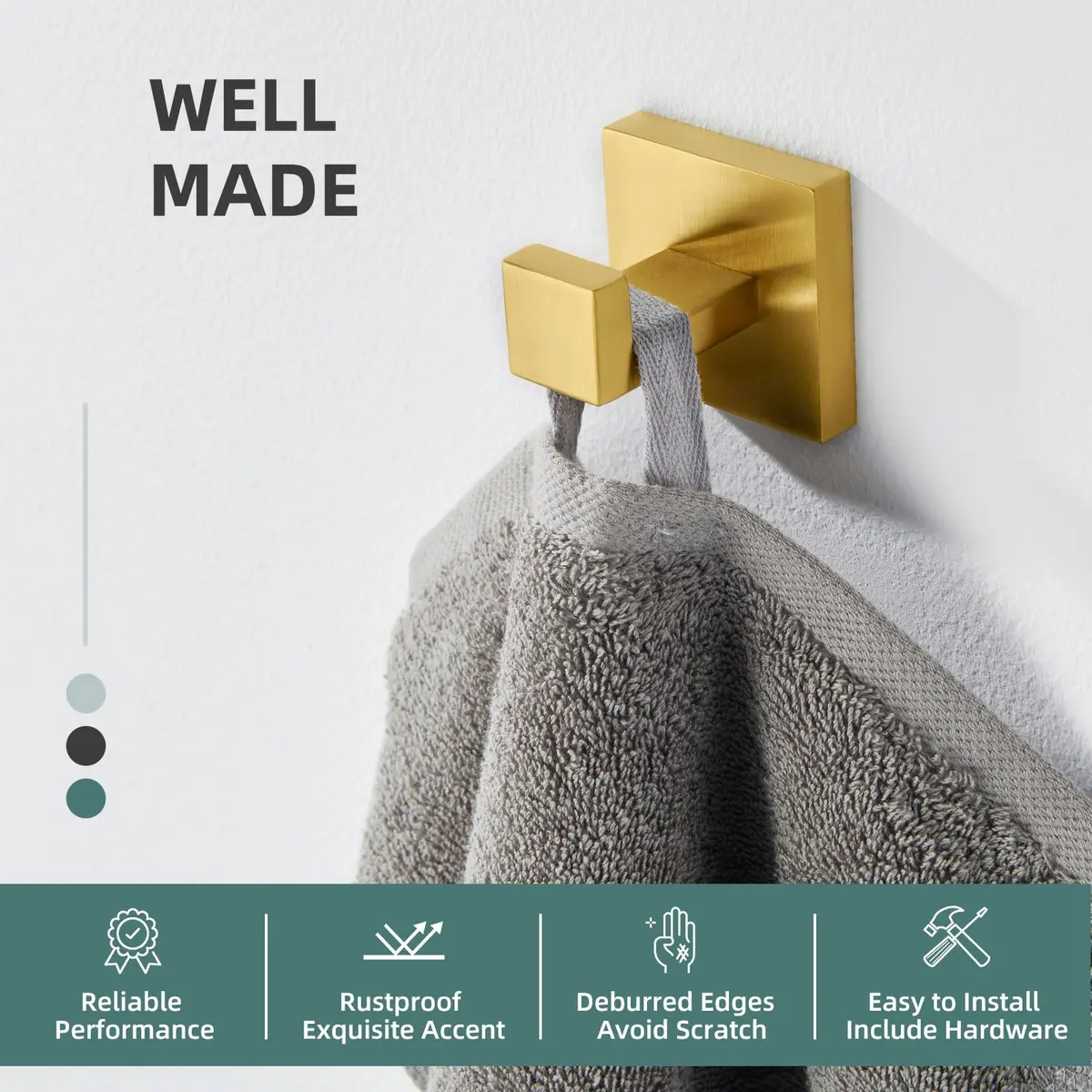 Angle Simple Brushed Dark Gold Towel Hook, Coat Robe Holder for Bathroom | SUS304 Stainless Steel, Modern Wall Mount (55 x 60 x 55mm) - view 5
